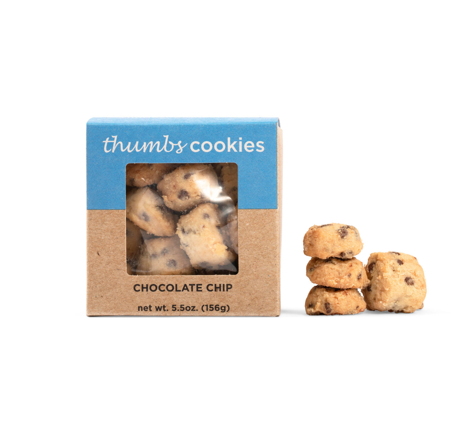 A box labeled "Thumbs Cookies" with chocolate chip flavor sits beside a stack of small, round cookies with visible chocolate chips. The net weight is 5 oz (142g).