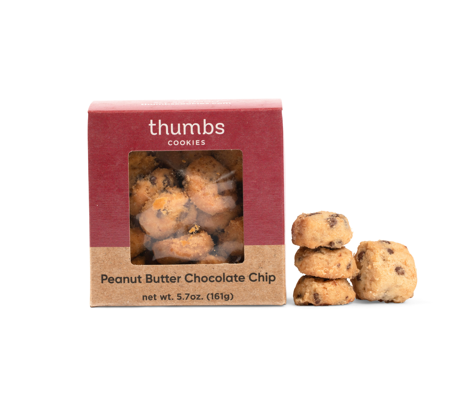 A box labeled "Thumbs Cookies" with peanut butter chocolate chip flavor sits next to several round cookies dotted with chocolate chips. The net weight is 5 oz (142g).