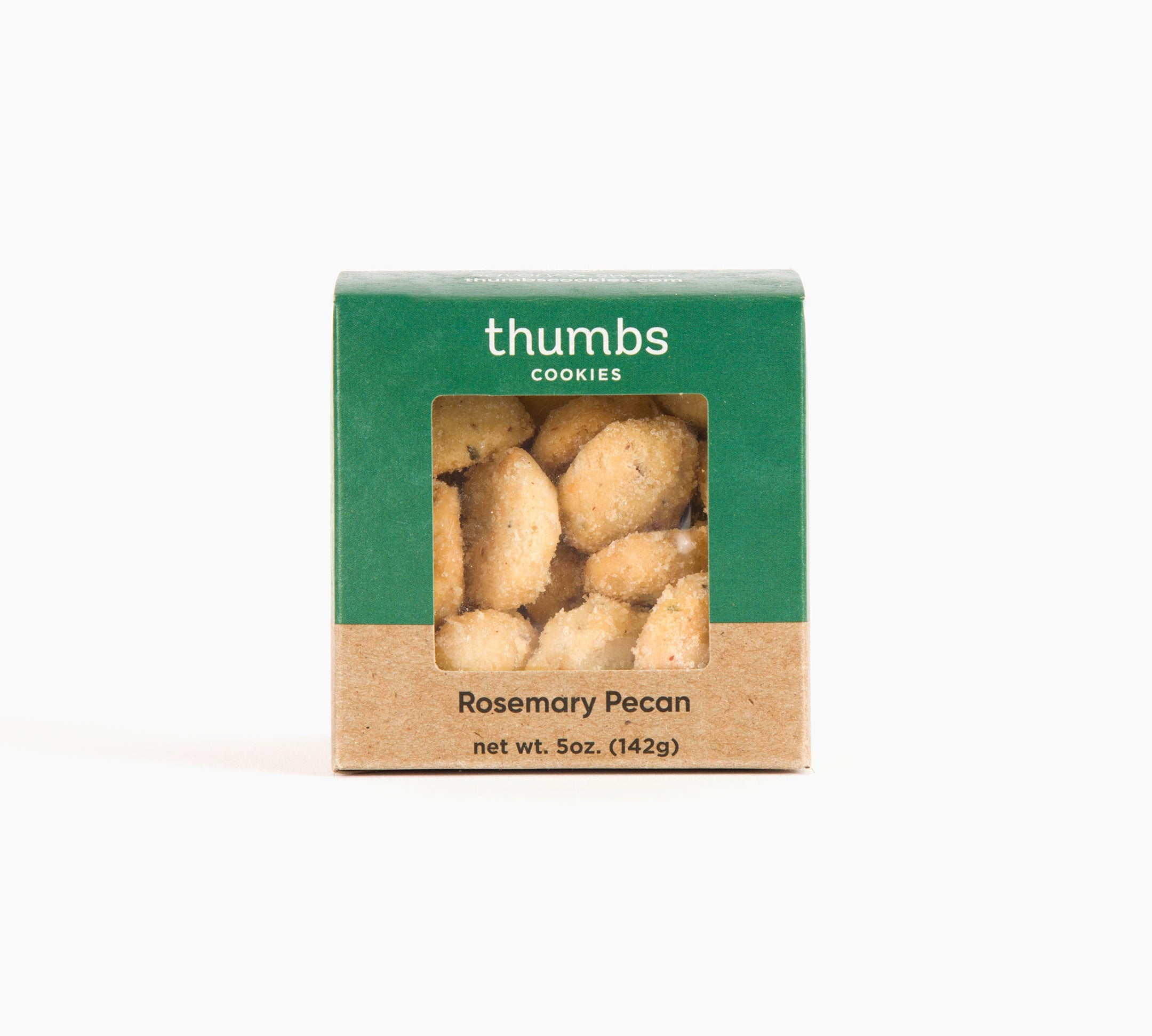 A box labeled "Thumbs Cookies" with rosemary pecan flavor showing cookies topped with chopped pecans and a hint of rosemary. The net weight is 5 oz (142g).