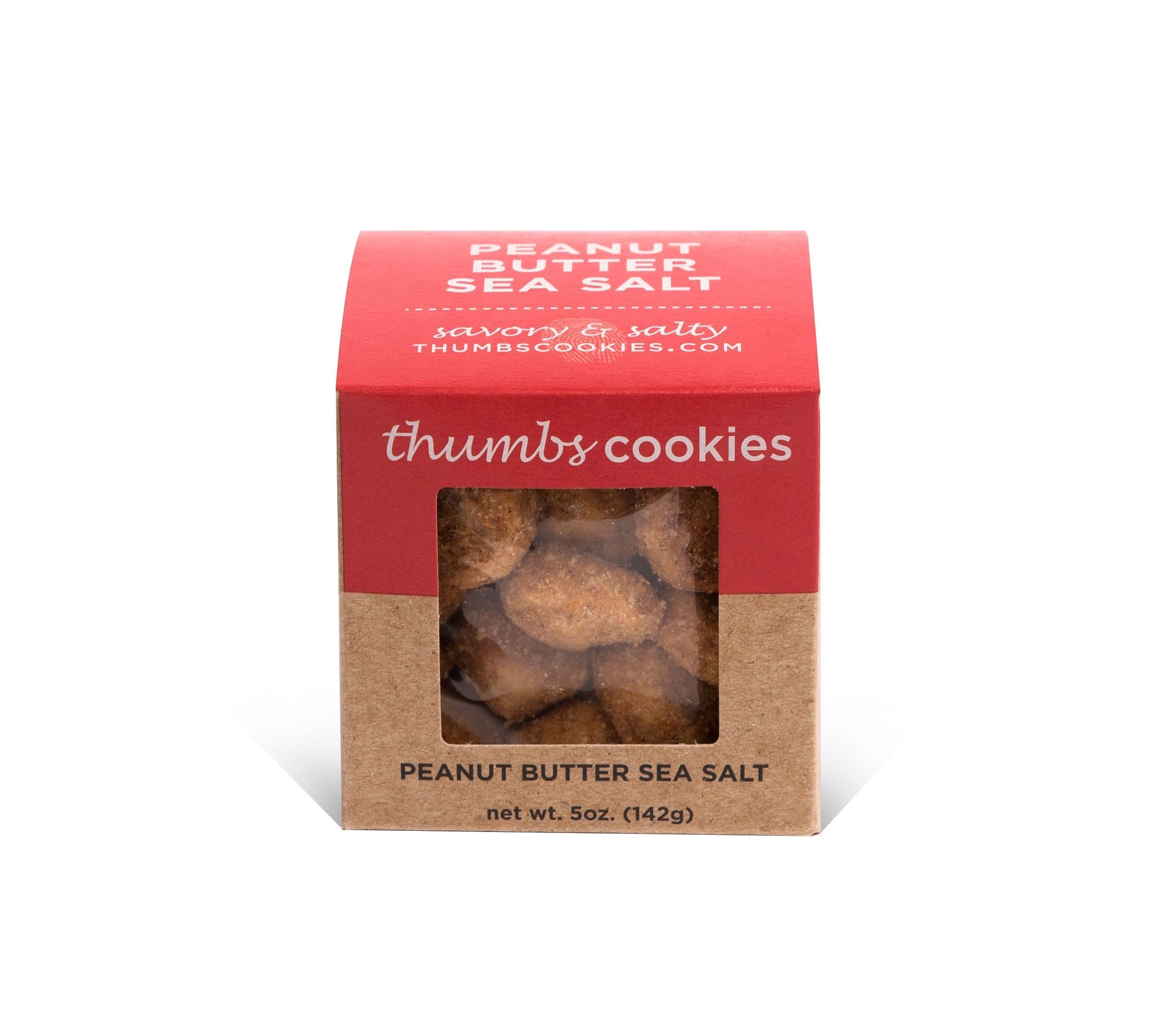 A box labeled "Thumbs Cookies" with peanut butter sea salt flavor. The net weight is 5 oz (142g).