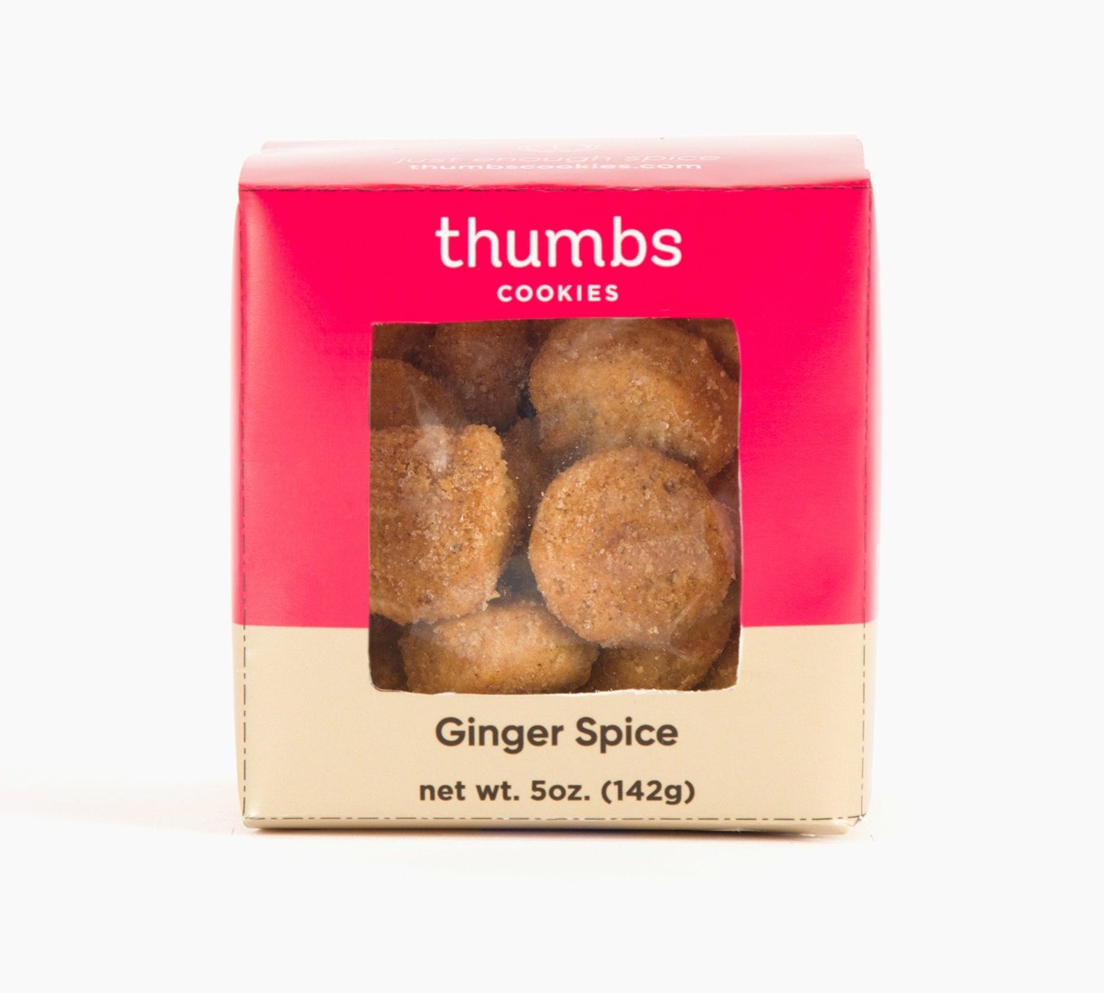A box labeled "Thumbs Cookies" with ginger spice flavor. The cookies have a warm golden hue, hinting at spiced flavor. The net weight is 5 oz (142g).