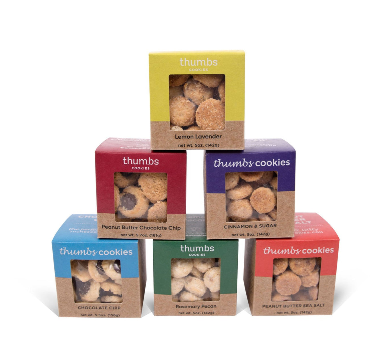 Gift box with six mini "Thumbs Cookies" boxes in assorted flavors.