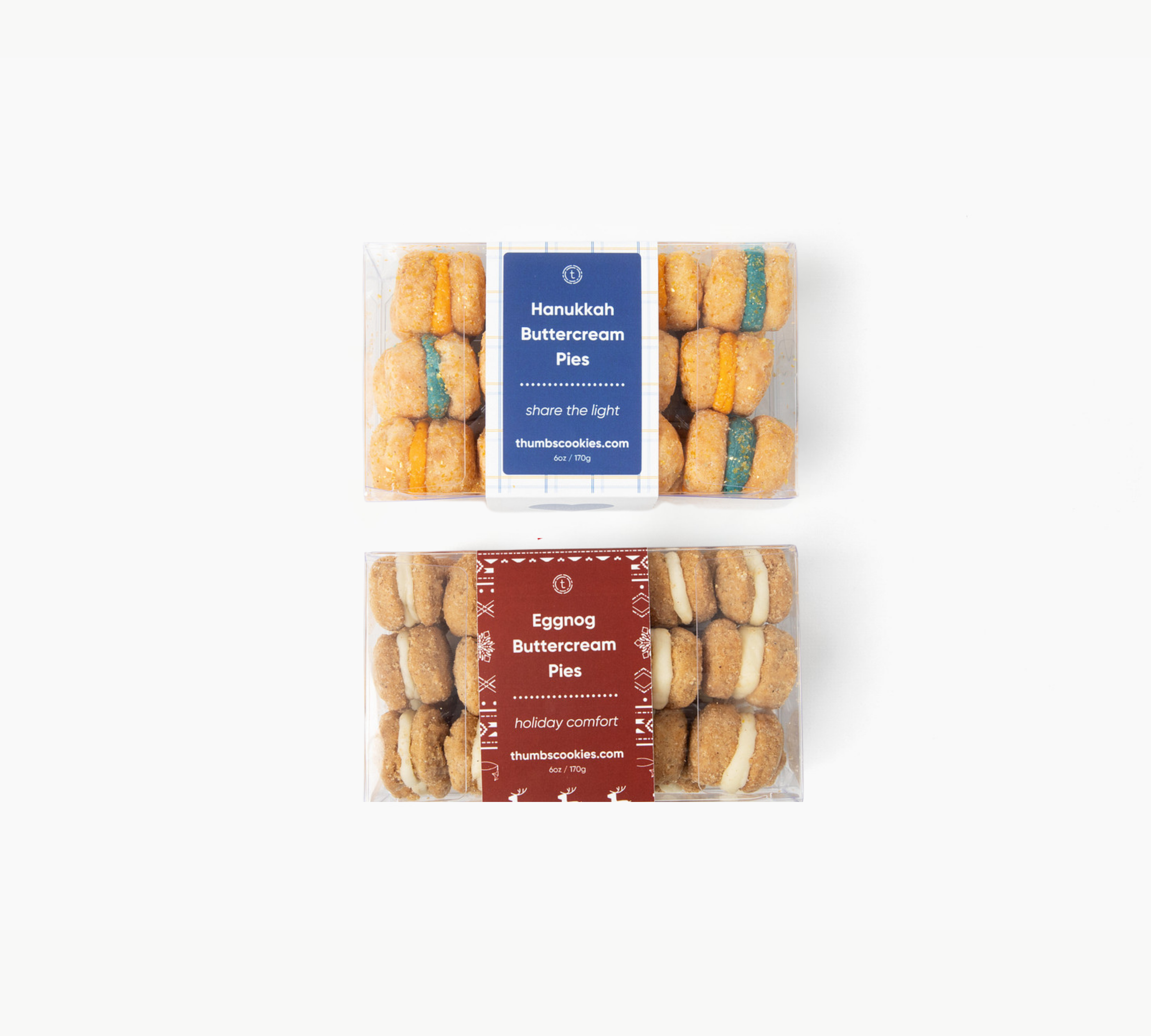 Two packages of buttercream pies with labels on a white background