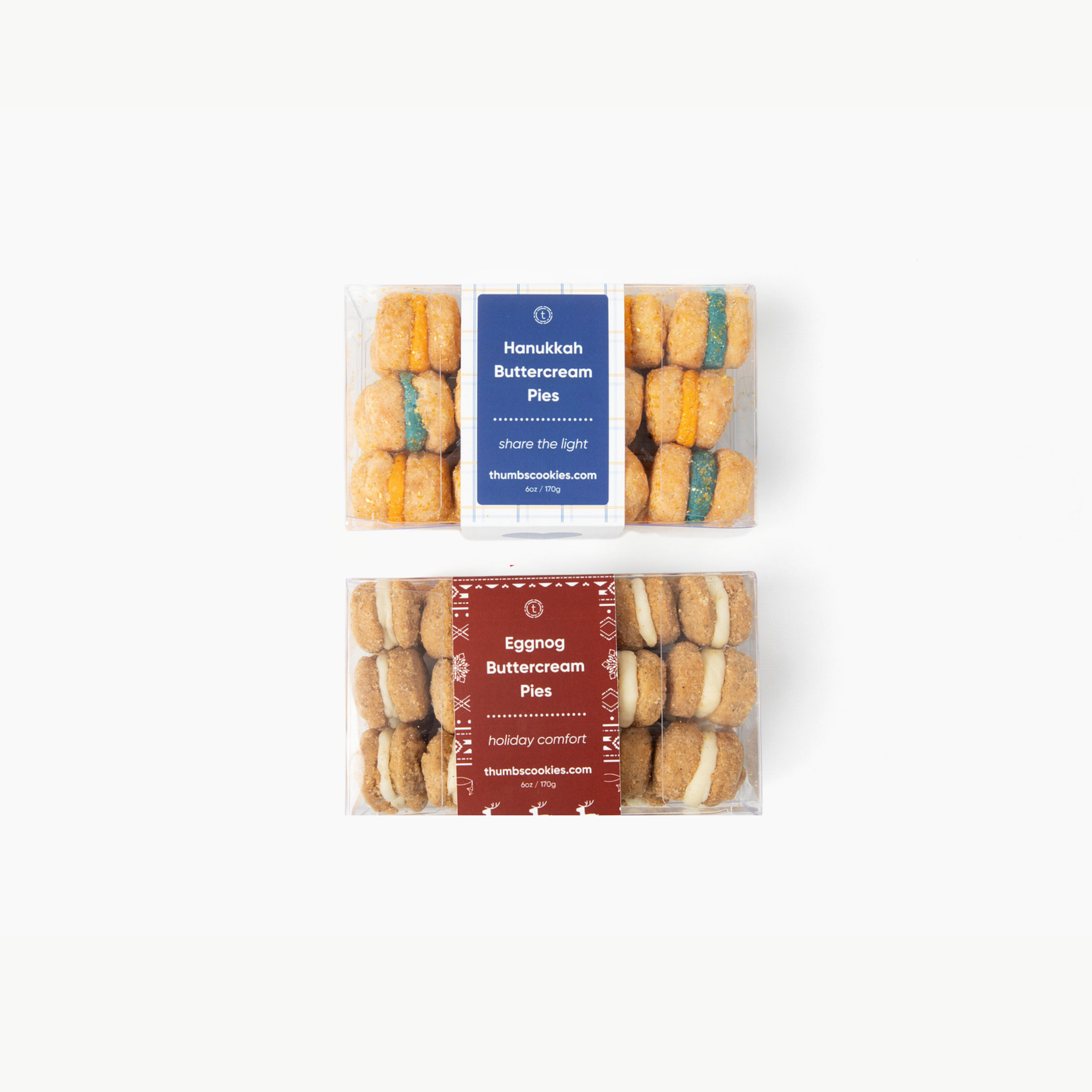 Two packages of buttercream pies with labels on a white background